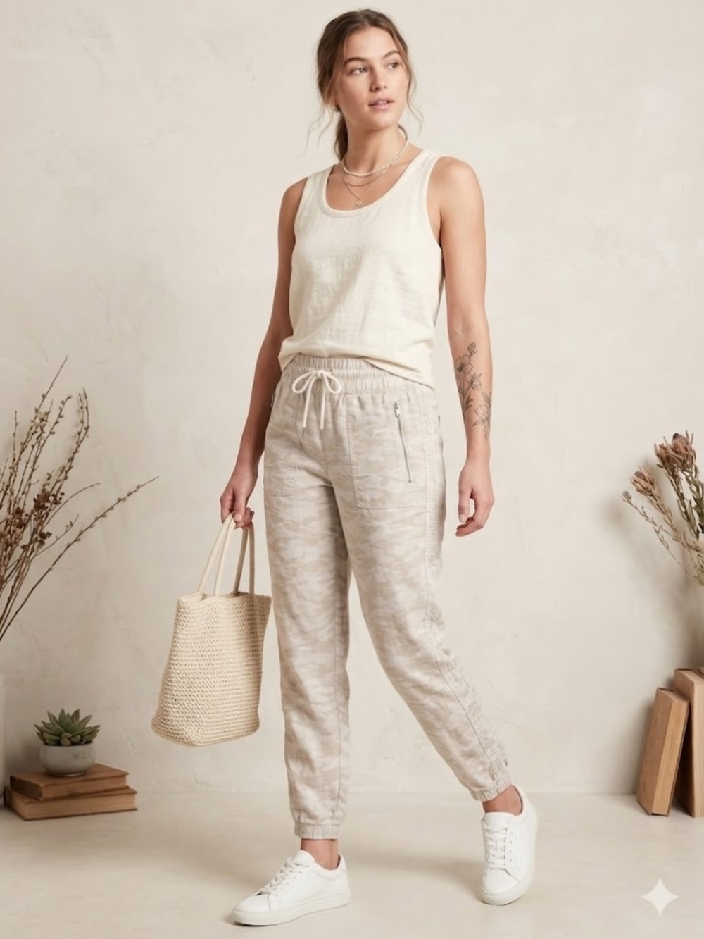 Athleta Cabo Tide Linen Joggers | Sand Camo | Size 4 | EUC